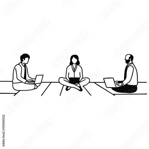 Minimalist line art illustration of people working on laptops in a team meeting