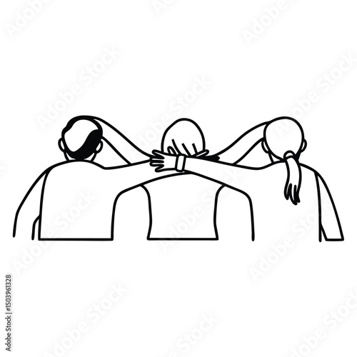 Minimalist line art illustration of team hug embracing unity and support together