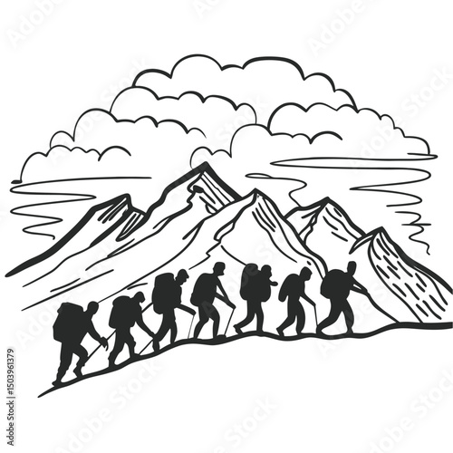 Mountain climbers hiking group silhouette with backpacks and poles line art