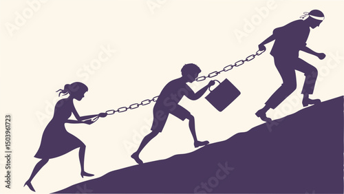 Silhouette of people climbing a hill chained together representing business burden