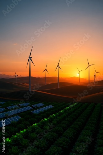 Renewable Energy Transition: A striking composition showcases the harmonious coexistence of wind turbines and solar panels at dusk, bathed in the warm embrace of a setting sun.