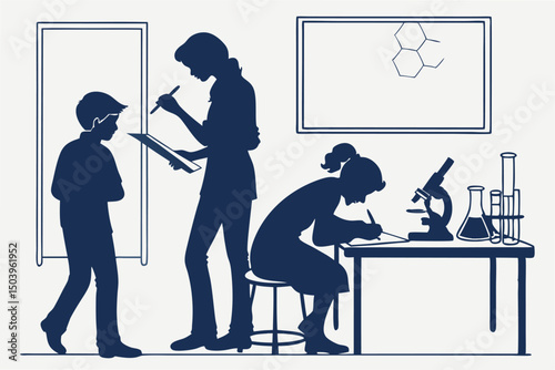 Students in laboratory conducting scientific experiments with microscope and chemical analysis
