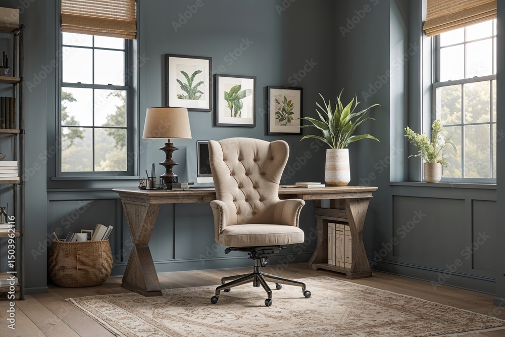 Fototapeta premium Distinctive Office Chair Asset in Muted Professional Decor for a Casual Workspace