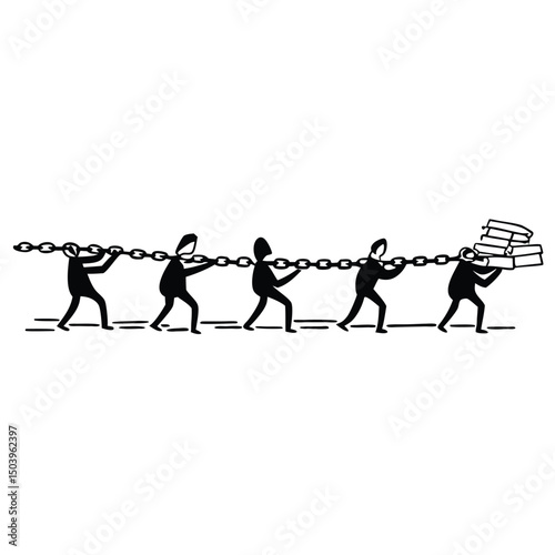 Teamwork illustration of people pulling a heavy load with chain