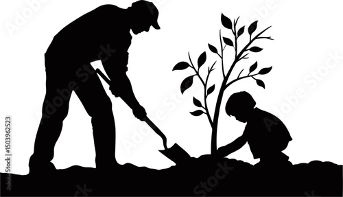 Silhouette of Father and Child Planting a Tree. Family Bonding and Environmental Care