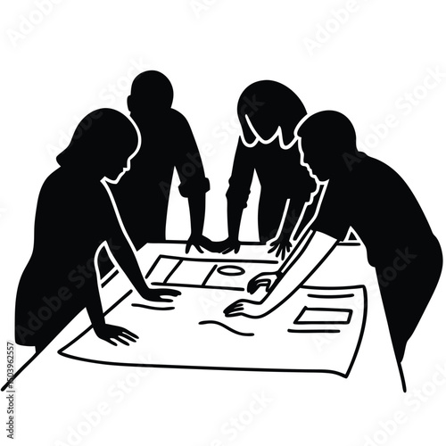 Teamwork silhouette illustrating collaborative planning and creative problem solving in minimalist style