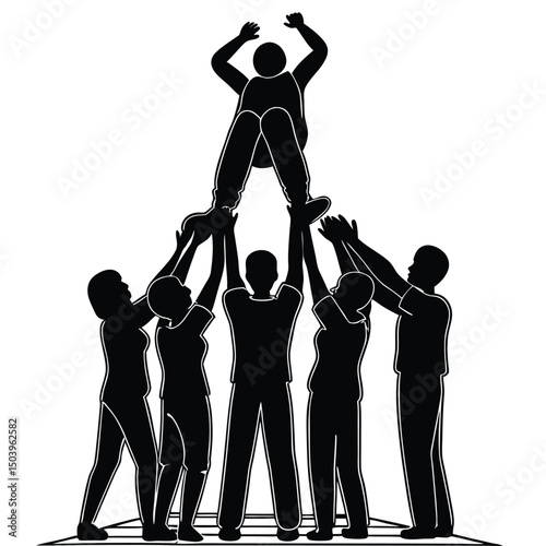 Teamwork silhouette of people lifting person up celebration success achievement unity