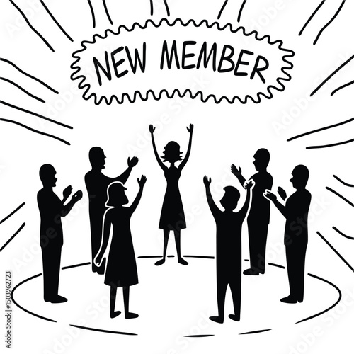 Welcoming a new member into the group black and white illustration