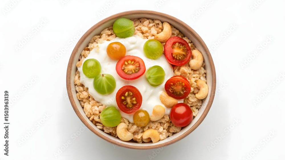 Healthy eating oats breakfast fiber with fresh cherry tomatoes and cashew nuts in bowl Healthy eating oats breakfast fiber with fresh cherry tomatoes and cashew nuts in bowl