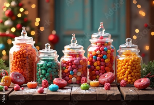 colorful candy jars displaying vibrant textures varied shapes sweet treats delightful appearance festive treats, variety, decoration, arrangement, basket, bright