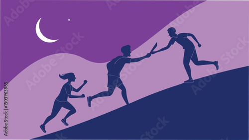 Relay race team passing baton uphill under night sky illustration