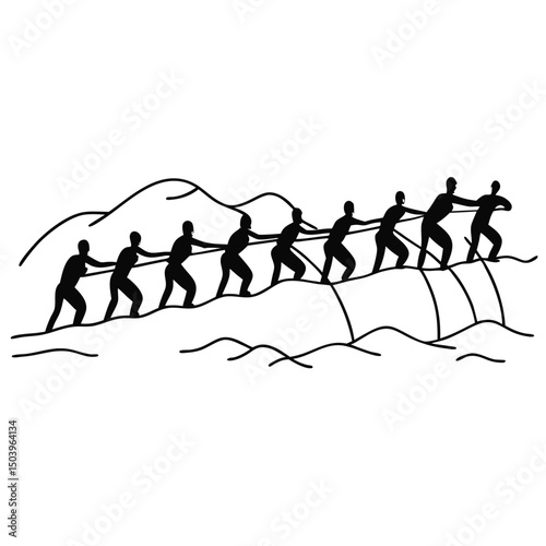 Silhouette illustration of teamwork people pulling boat together across water