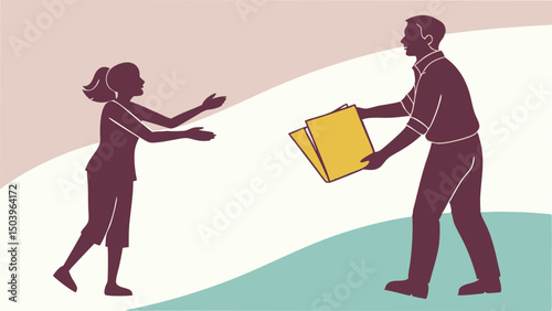Silhouette man giving documents to a woman with open arms vector illustration