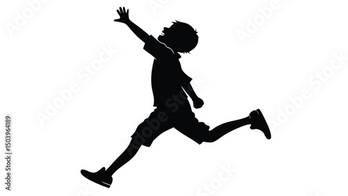 Silhouette of a boy jumping high with arm raised in joyful motion