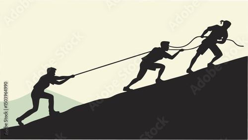 Teamwork perseverance three silhouette people climbing hill with rope pulling together