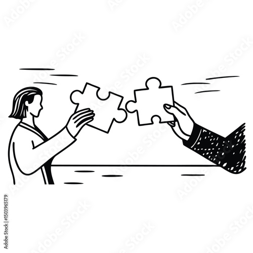 Two people connecting puzzle pieces illustration representing teamwork and solutions
