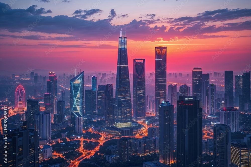 Fototapeta premium Stunning Sunset Skyline Over Metropolis Showcasing Modern Urban Architecture and Vibrant City Lights