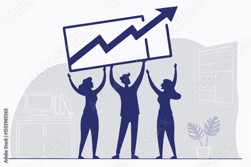 Business team celebrating success holding upward trending chart illustration