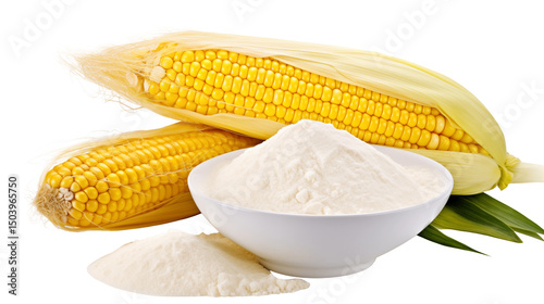 Fresh corn cobs and corn starch powder healthy food ingredient for cooking and baking recipes