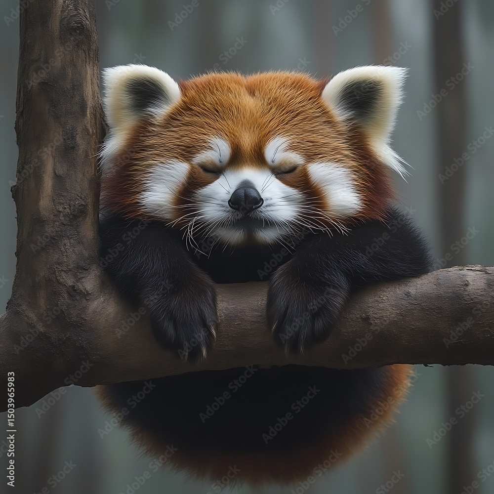Fototapeta premium Serene red panda napping peacefully on a tree branch
