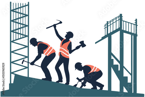 Construction workers building with safety vests and equipment silhouettes on construction site