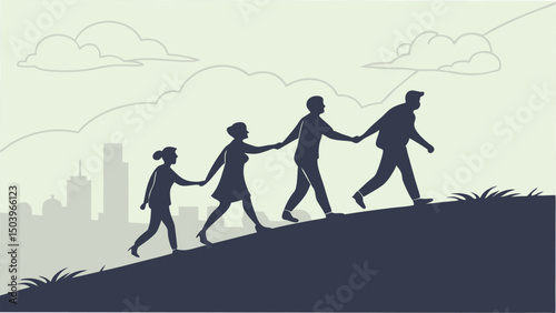Family walking together silhouette illustration toward cityscape represents unity and progress