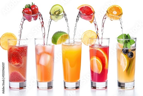 Six tastes of juice pouring in glass from fruit isolated on white background