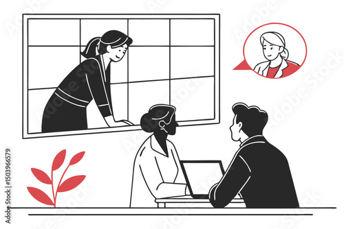 Office meeting with remote colleague vector illustration black and red