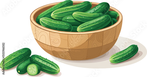 Vibrant Cucumber Still Life Wooden Bowl on White Background