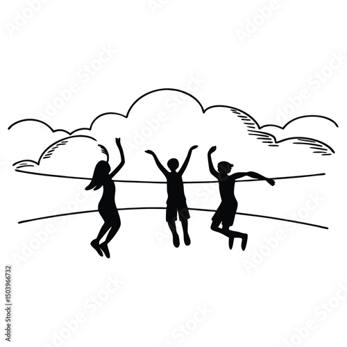 Silhouette illustration of cheerful people jumping with clouds line art style