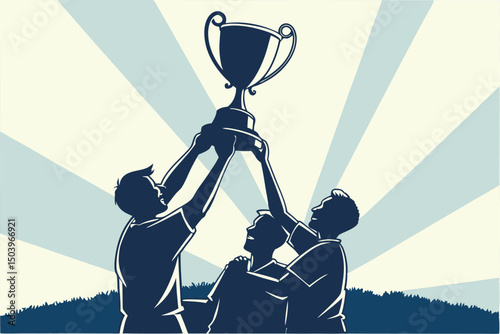 Team celebrating victory holding trophy in silhouette style vector illustration