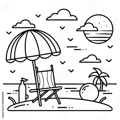 Black and white illustration of a beach scene with umbrella beach chair and palm tree