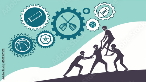 Teamwork and collaboration illustration showing business solutions and team success with gears and people