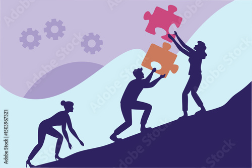 Teamwork collaboration building blocks people climb success puzzle pieces together