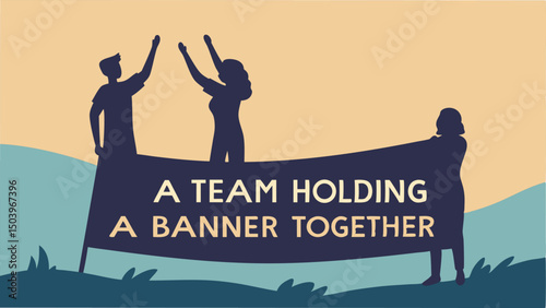Teamwork illustration celebrating with banner victory team success concept