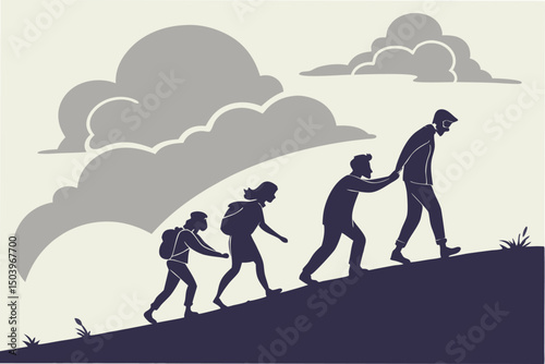 Teamwork silhouette ascending mountain together business leadership concept with clouds