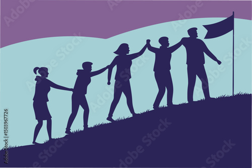 Teamwork silhouette climbing to achieve goal together leadership and collaboration concept