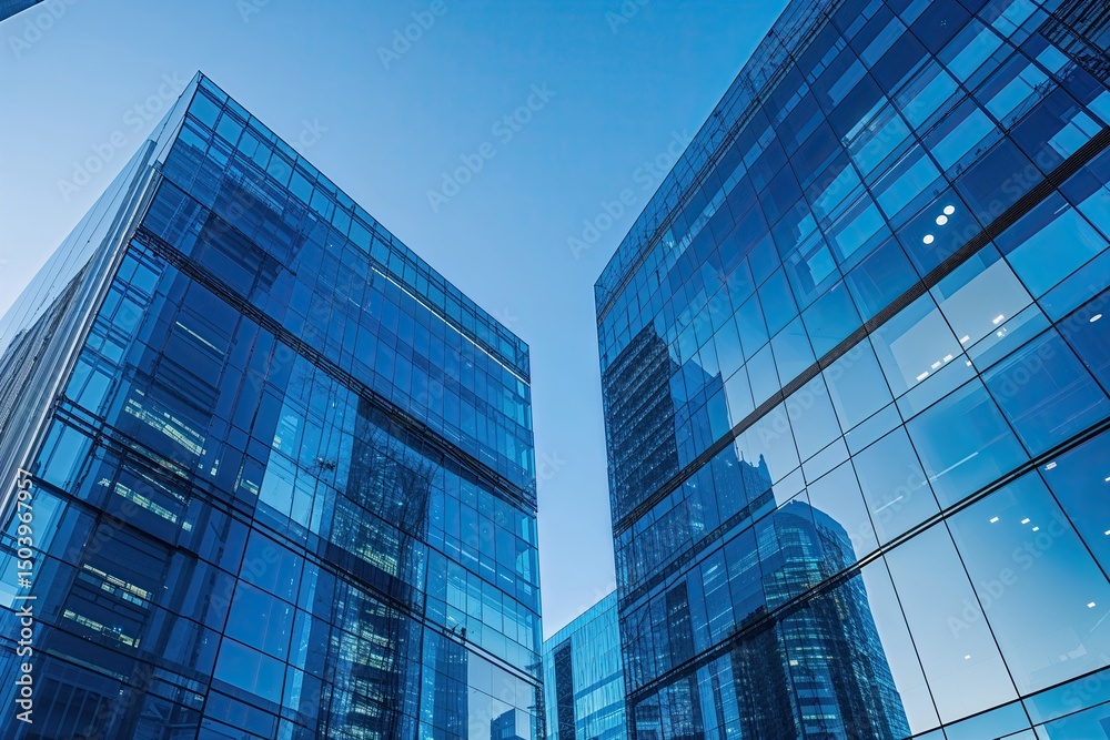 Fototapeta premium Modern Glass Architecture in a Vibrant Blue Cityscape