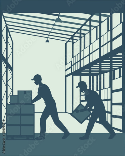 Warehouse workers loading and unloading packages industrial logistics silhouette style