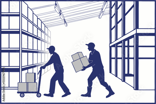 Warehouse workers shipping and stocking boxes in a distribution center vector illustration
