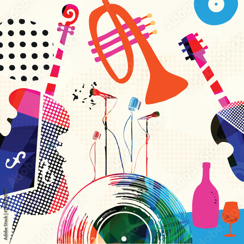 Colorful Abstract Music Instruments Background, Modern Jazz Art Style Vector