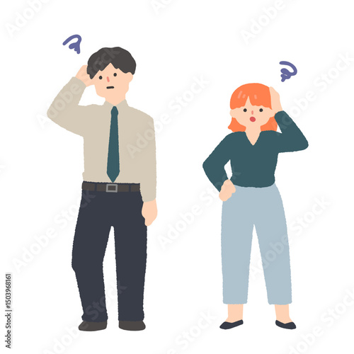 困った表情の若い男性と女性