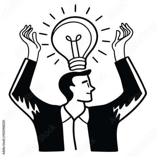 Business man presenting creative idea with lightbulb above head flat design