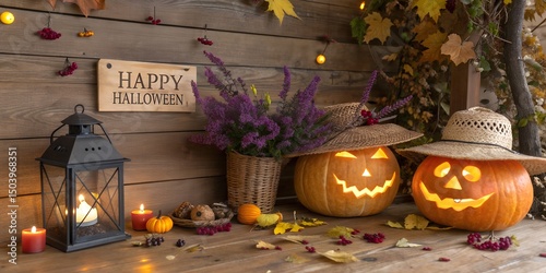 Festive Halloween Pumpkin Jack-O'-Lantern Display with Witch Hat and Autumn Decor photo