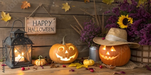 Festive Halloween Pumpkin Jack-O'-Lantern Display with Witch Hat and Autumn Decor photo