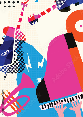 Colorful Abstract Music Instruments Background, Modern Jazz Art Style Vector
