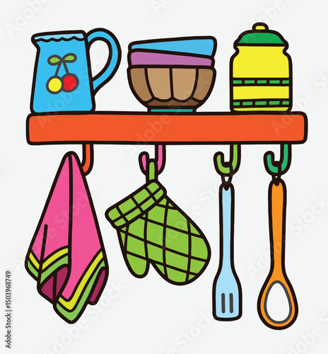 Colorful Kitchen Shelf Vector Illustration – Utensils and Cookware Hanging
