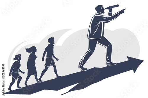 Business vision and leadership with team following the arrow to success