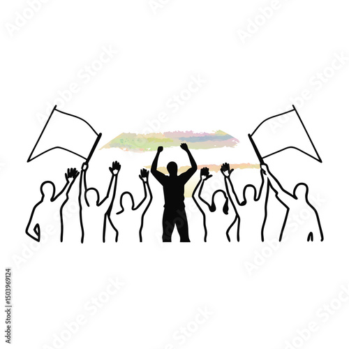 Crowd of people protesting with flags and raised hands vector illustration