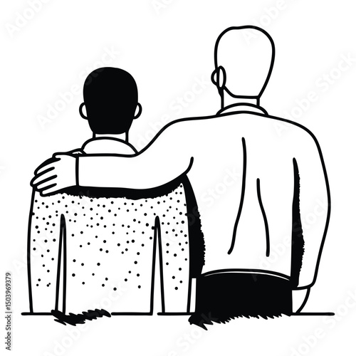 Father comforting son illustration minimalist graphic black and white line art